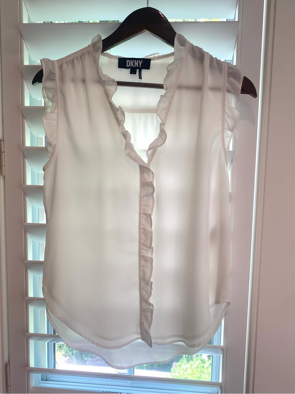 DKNY White Ruffle Trim Sleeveless Blouse